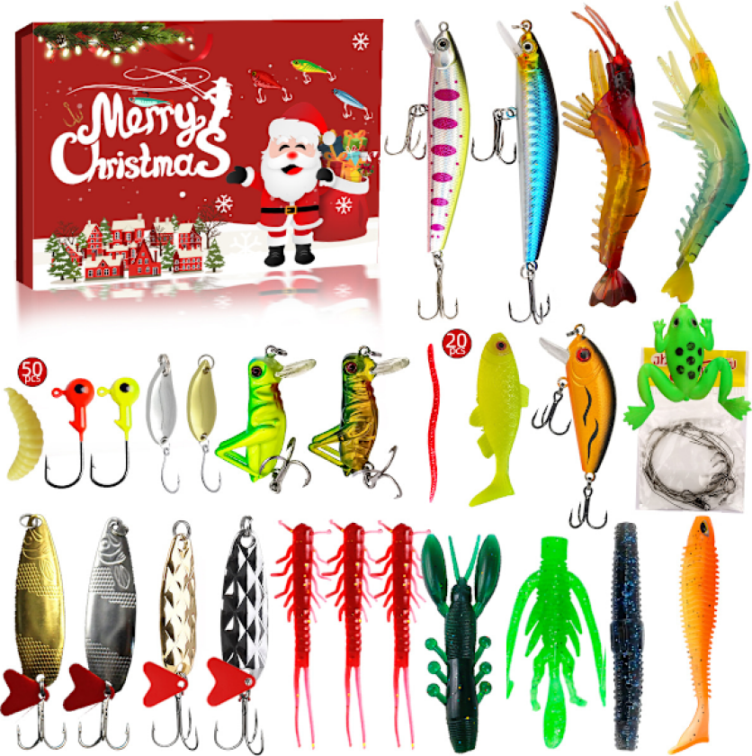 Julekalender for Fiske 2024 - Sett med Fiskeagn, Fiskeutstyr for Voksne Menn Gutter, Fisketilbehør (24 stk)