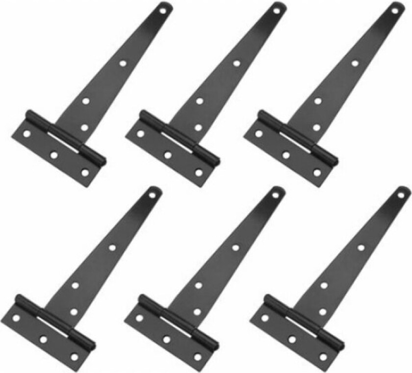 Sett med 6 T-hengsler for hageskur, smidd stål, ruster ikke, svart