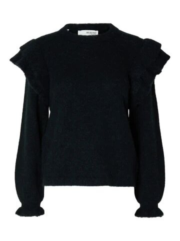 Lulu Ls Knit Shoulder Frills O-Neck - Dark Sapphire Melange L