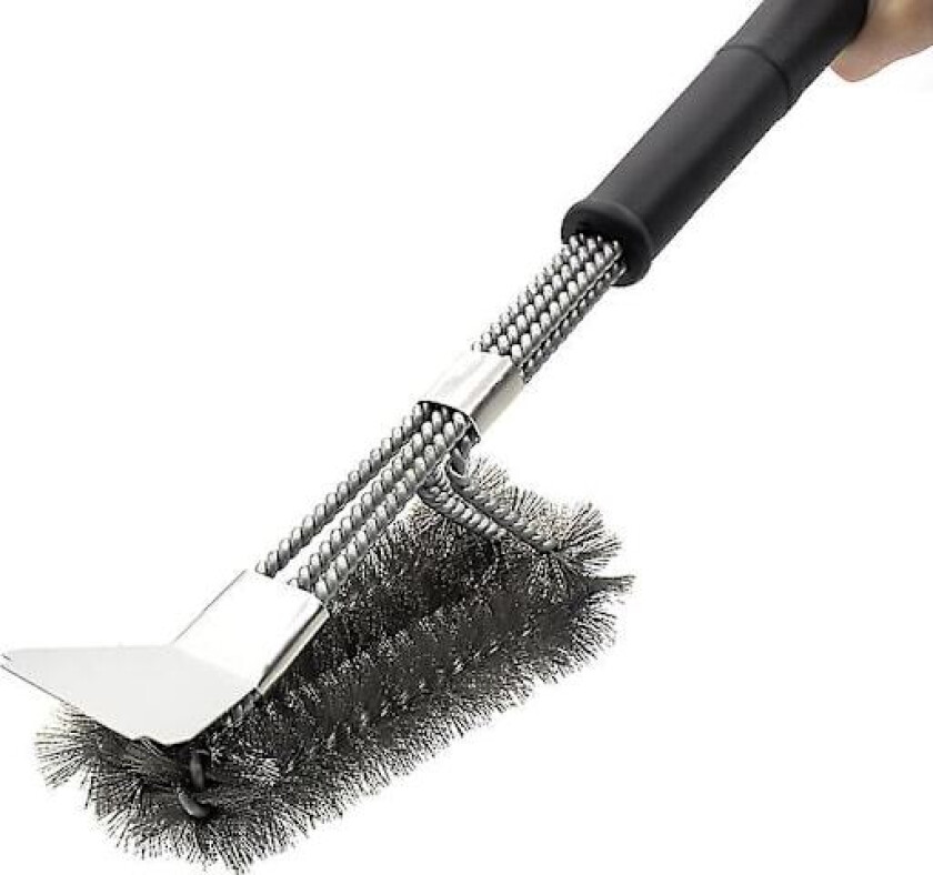 Grillbørste, grillrengjøringsbørste med ekstra lange rustfrie stålbørster, rustfri stålskrape og PP-varmeisolasjonshåndtak, for gassgrill