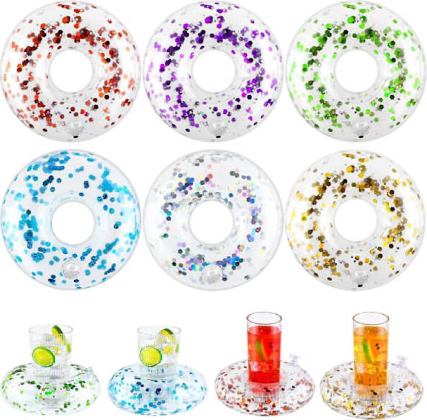 Oppblåsbare drikkeholdere, 6 stk. sirkelformede flytende kopper for barn, oppblåsbare flytende coasters for bassengfest, sommermoro, badeleker, dusj