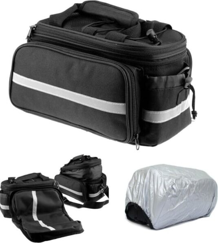 Sykkelutvidbar bakre bagasjebrettveske med sidelagring, flaskeholder, bærestropp og regntrekk