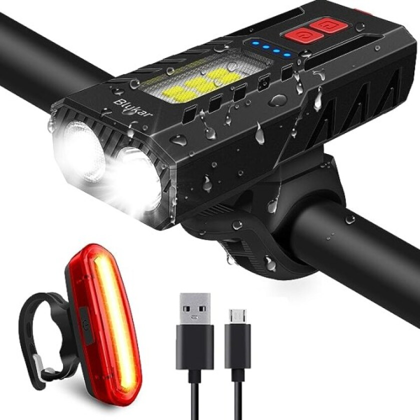 Sykkellys, kraftig LED-sykkellyssett USB-oppladbar foran og bak, vanntett sykkellykt 5 moduser sykkellykt for sykling MTB, trekking, sykkel