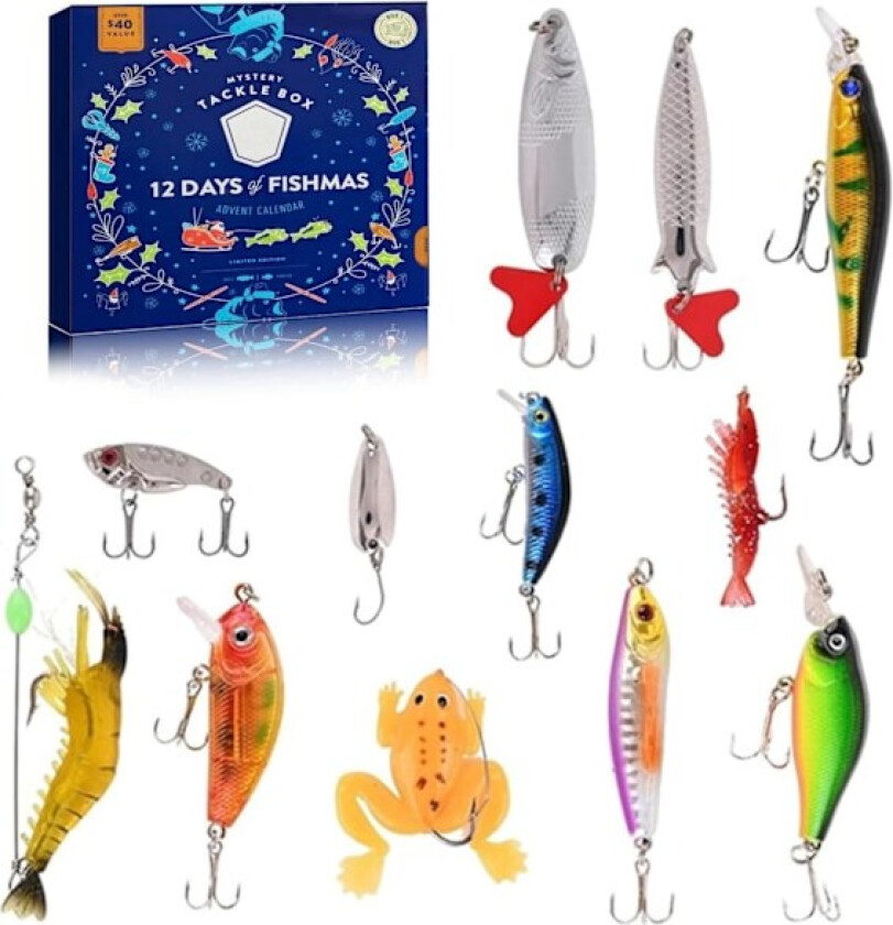 12 stk Blind Box Julekalender Fiskeutstyr, Julefiskeutstyr Kassett, Julekalender, Julefiske K