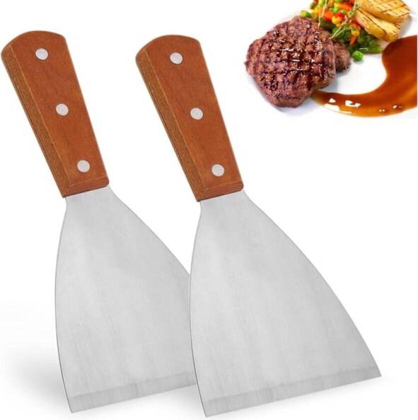 2 stk. stekeskrape i rustfritt stål, stekespade for støpejern treskaft skråkant grillspaker for matservering/matlaging/rengjøring, ideell