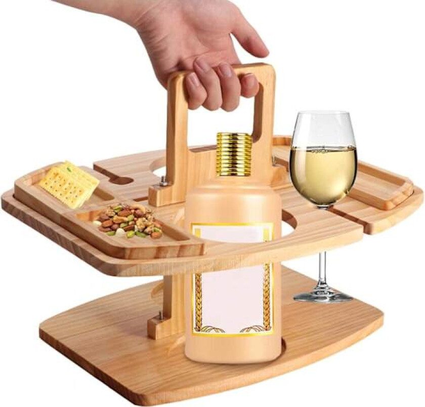 Bærbar piknikbord, piknikbord i tre for utendørs bruk, snacks og ostebrett med holder for 2 vinglass, utendørs strandbarbord med vin