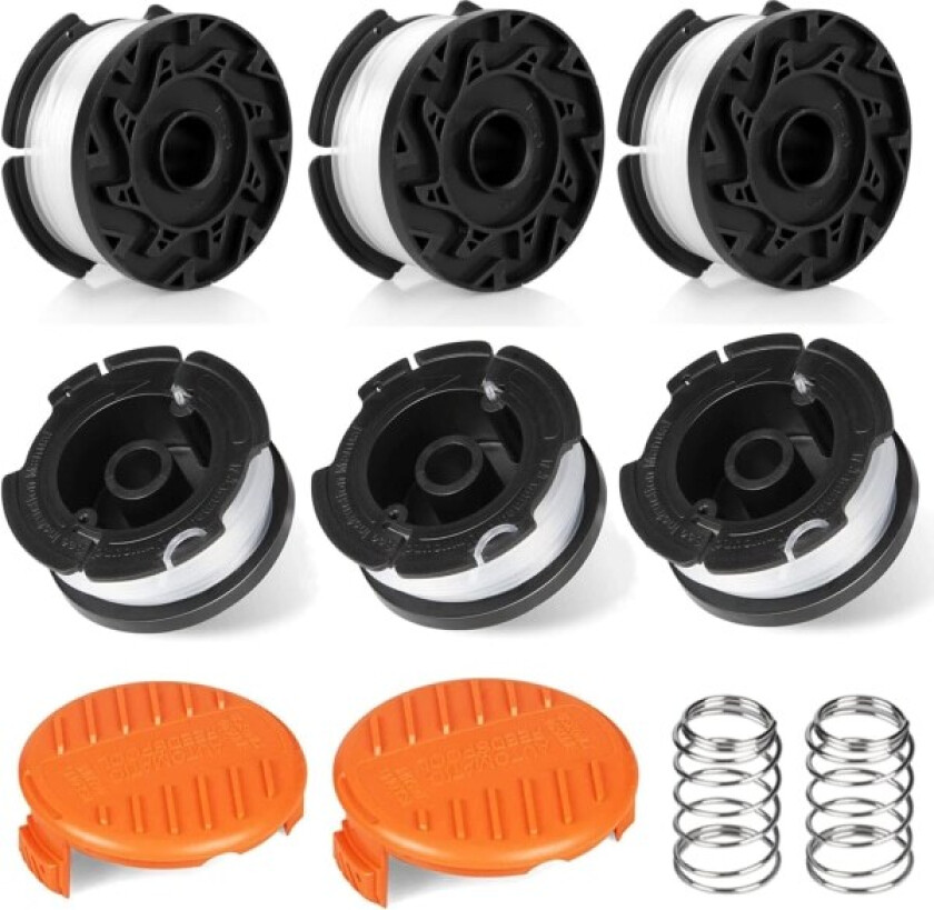 Pakke med snørespoler for gresstrimmer, kompatibel med Black and Decker gresstrimmer, snørespole for buskrydder (6 snørespoler, 2 deksler, 2 fjærer)