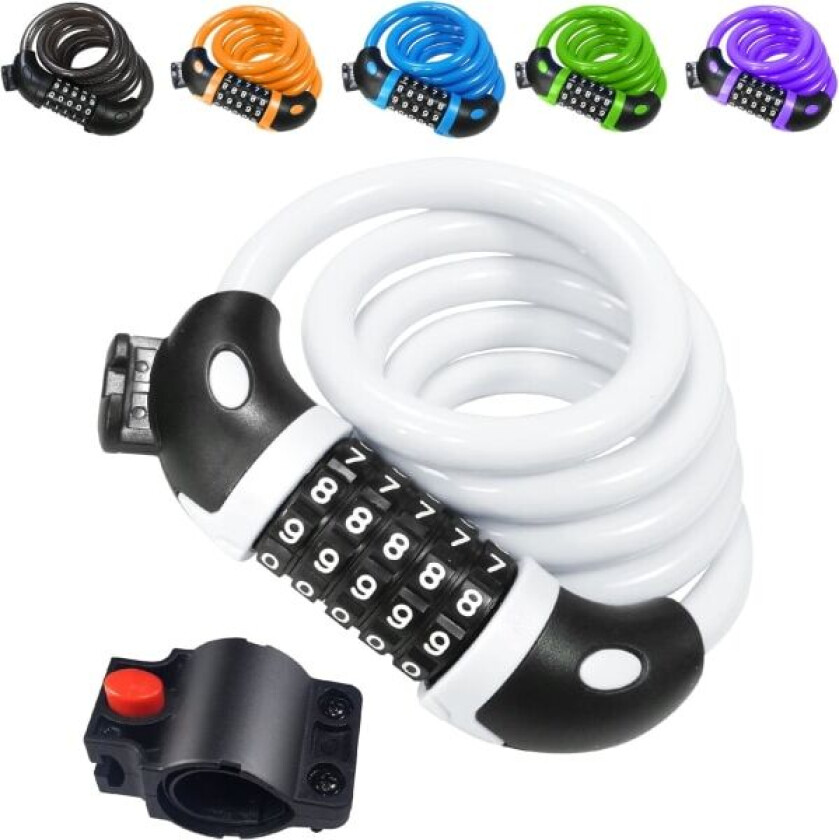 Sykkellås, lang sykkellås 120cm x 12mm, kabellås for sykkel med 5-sifret intelligent kode, tyverisikker sykkellås (hvit) White