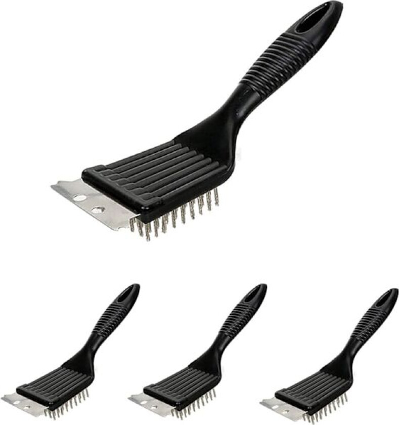 Grillbørste, 4 stk Grillbørste for rengjøring av grill med rustfri stålspade for rengjøring av grillrister og overflater, svart