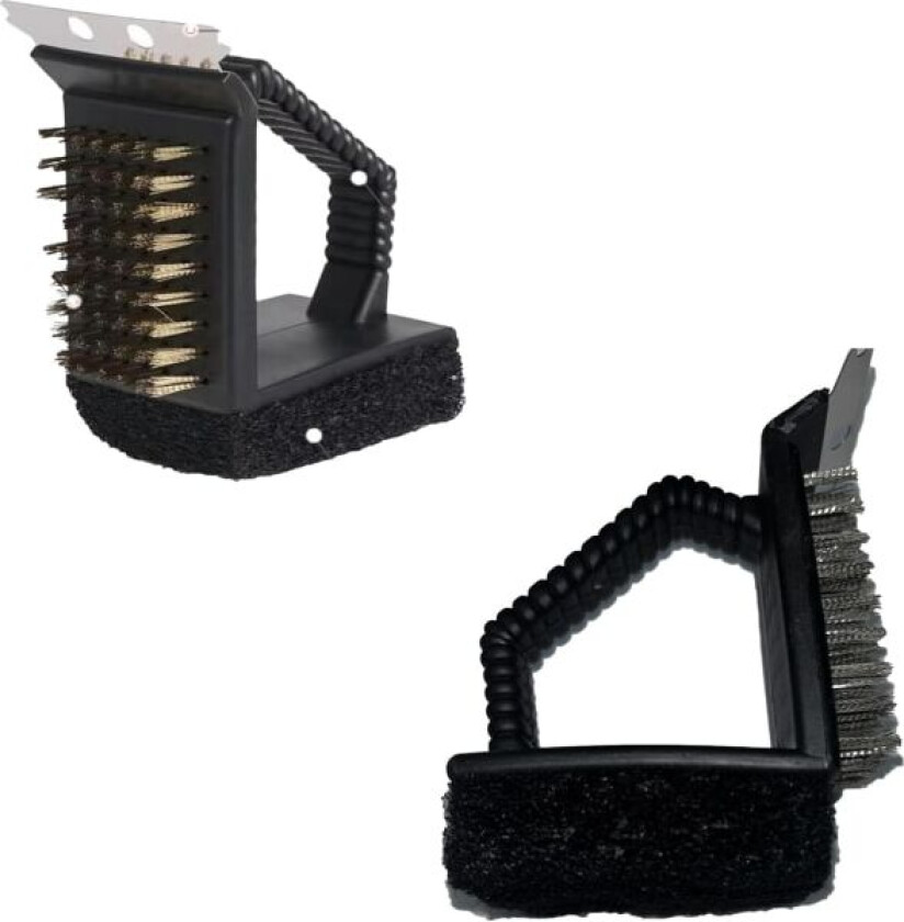 2 stk. børste, rustfritt stål skrape, messingtrådbørste og svamp 3-i-1 grillrengjøringsassistent. Grillbørste i rustfritt stål