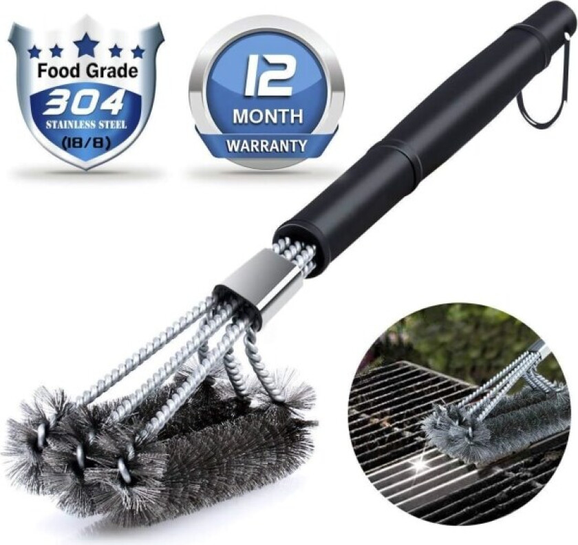 BBQ Grill Rengjøringsbørste, Heavy Duty 3-grenet rustfritt stål grillbørste for enklere rengjøring av brennere og grillrister