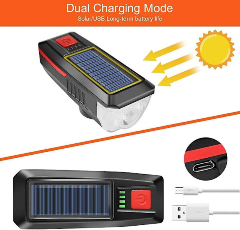 Solcelledrevet USB-oppladbar sykkellykt 2000 Lumen LED sykkellykt foran Nødlys Vanntett med Horn 3 Lysmoduser 2000mAh B2 BB ZD
