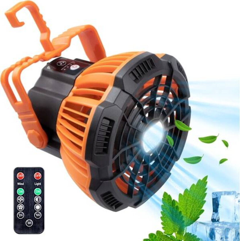 Campingvifte med LED-lanterne, oppladbar campingvifte for telt, bærbar takvifte med hengekrok, bordvifte med fjernkontroll