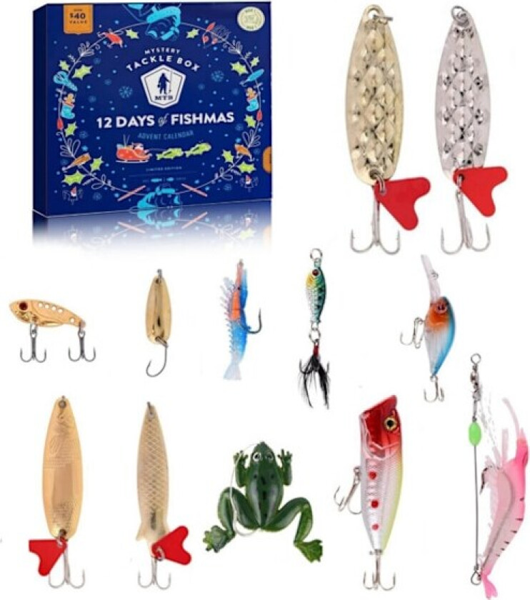 Fiskekalkender - Medium Fiskeagn, Fiskeagn til Fiske, Fiskeagnsett Adventskalender Blindboks Gal Gave til Fiskeelskere (12 stk)