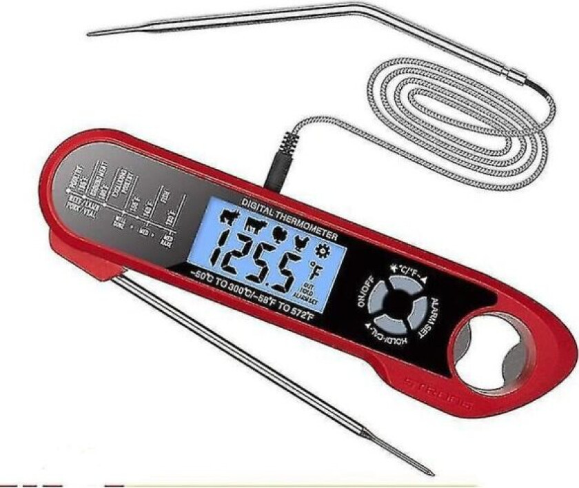 Foldbar og vanntett grilltermometer med dobbel sonde