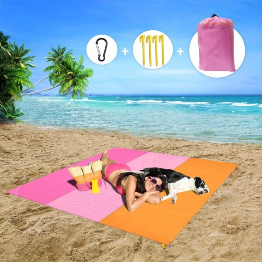 Bilde av Vanntett strandmatte 210X200CM Antisand piknikteppe, sammenleggbar bærbar strandteppe med 4 faste for strand, piknik, camping, reiser, utendørs