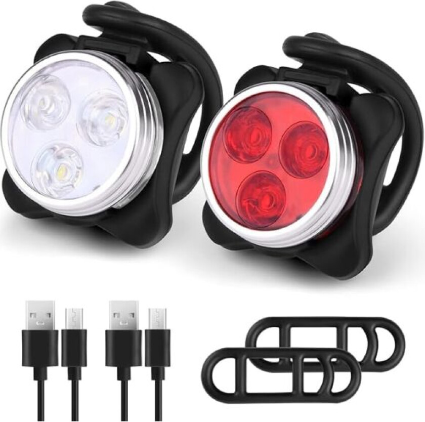 2 stk. LED-sykkellys, oppladbart front- og baklys, sykkellyssett USB-belysning støtsikkert vanntett frontlykt LED-sykkellykt for MTB VTC-syklist barnevogn