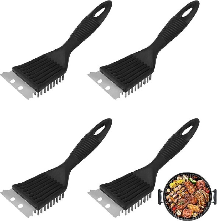 4 stk. Grillbørste av ståltråd for grillrengjøring - Grillbørste for tunge griller - Grillbørste med kraftige grillbørster i 201 stål - Grillbørste (21x7 cm, svart)