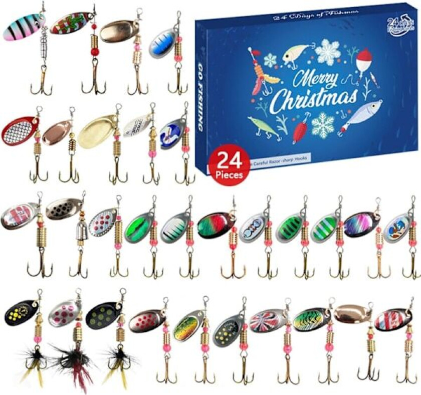 Julefiske Adventskalender 2024 - Fiskebetensett, Fiskeutstyr for Voksne Menn Gutter, Fisketilbehør (24 stk)