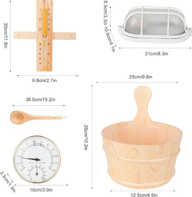 5-delt Sauna Tilbehørsett - Bøtte, Øse, Sandklokke, Termometer, Eksplosjonssikkert Lys