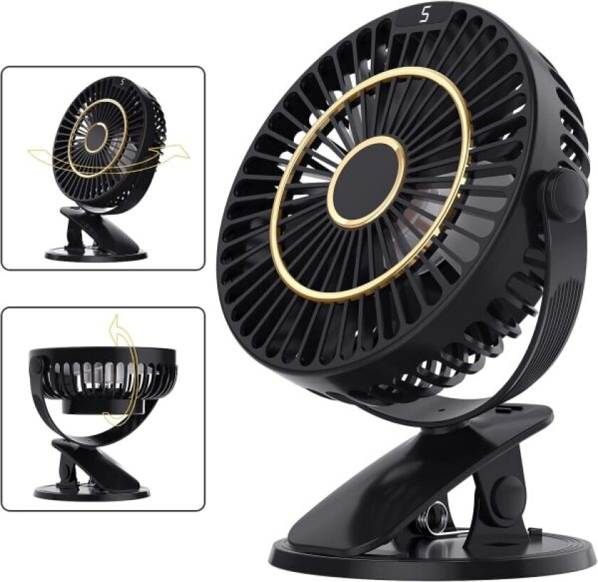 Svart skrivebordsvifte med klemme, 5 hastigheter bærbar, stille liten bordvifte med batteri, oppladbar 720° rotasjon og LCD-skjerm CDQ