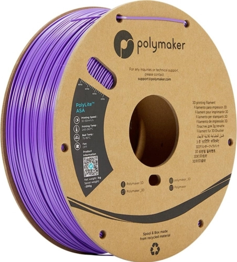 Polymaker Pf01008 Purple Filament Asa Uv-Bestandig, Vejrbestandig, Varmebestandig, Slagfast 1.75 Mm 1000 G Lilla Polylite™ 1 Stk