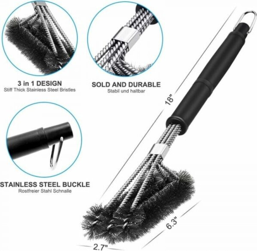 BBQ-børste, 3 i 1 grillbørste, langt håndtak, rustfritt stål
