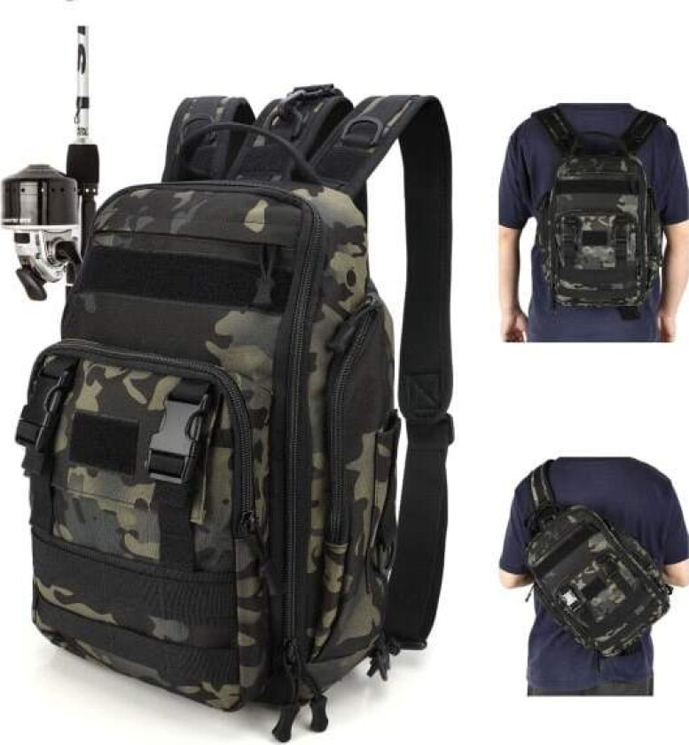 REMAKE Fiskeutstyr Ryggsekk Oppbevaringspose, Fiske Ryggsekk med Stang Holder, Lett Sling Fiske Ryggsekk, Solid Fiskeutstyr Bag ArmyGreen