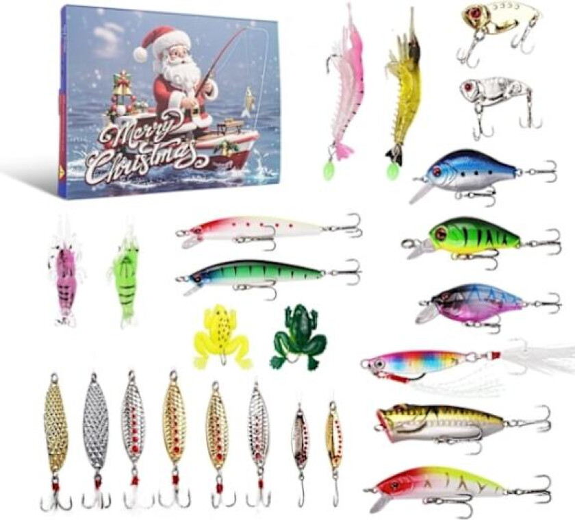 Julefiske-Adventskalender 2024 - Fiskeåte-sett, Fiskeutstyr for Voksne Menn Gutter, Fisketilbehør (24 STK)