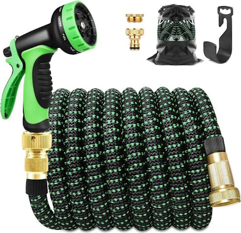 Uttrekkbar vannslange 15m, vanningsslange med holder og vanningspistol 10 funksjoner, inntrekkbare vannslangekoblinger, vanning og hagearbeid