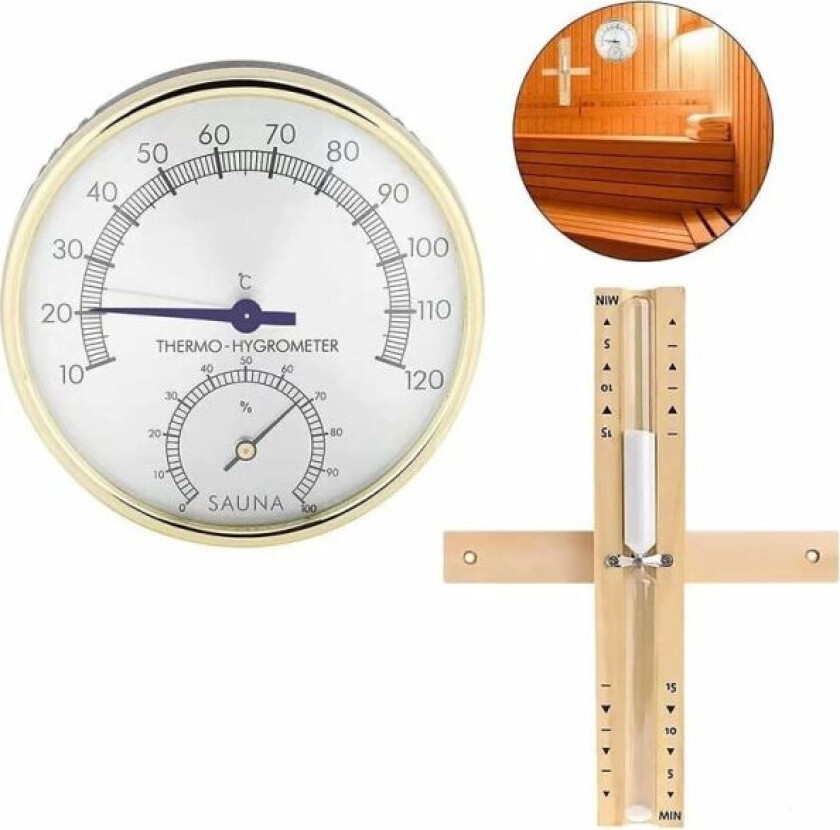 Sauna Termometre Hygrometer og Timeglass, Betterlife 15 Minutters Timer 2 i 1 Sauna Rom Termometer Hygrometer