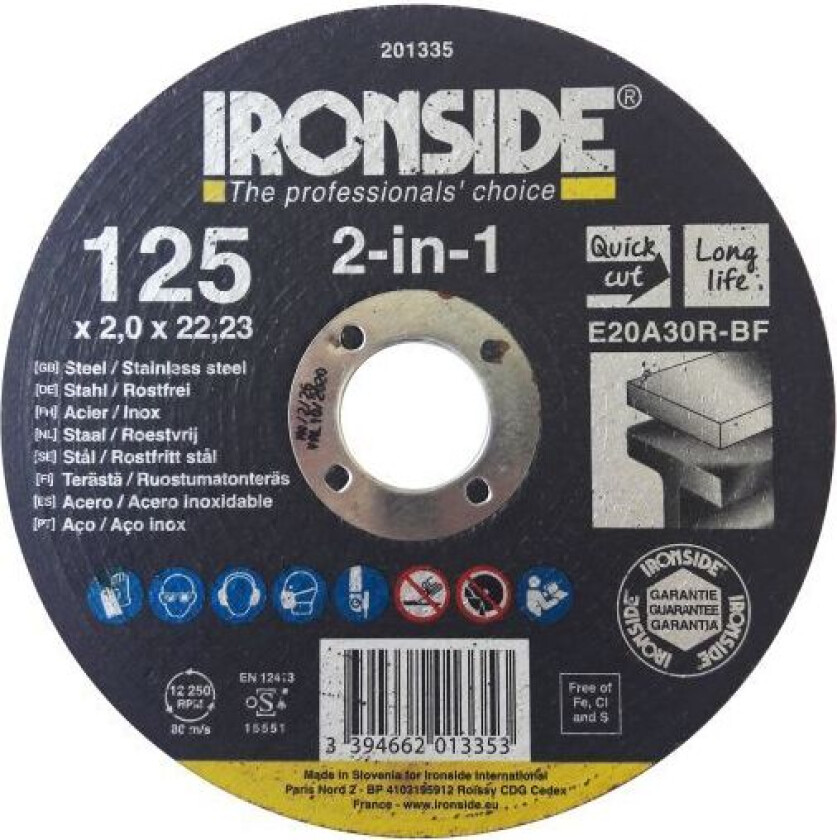 201335 Kappeskive 125 mm, F41, E20A, 2in1 125 x 2,0 x 22 mm