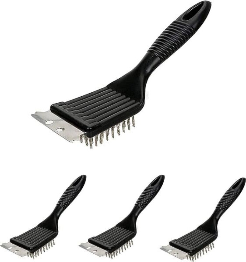Grillbørste, 4 stk. Grillbørste for rengjøring av grill med grillspatel i rustfritt stål for rengjøring av grillrister og overflater, svart