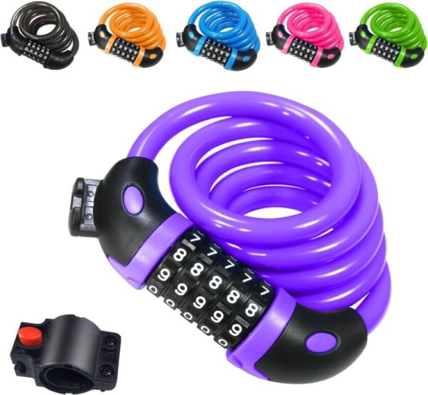 Sykkellås (lilla), lang sykkellås 120cm x 12mm, tyverisikker kabel