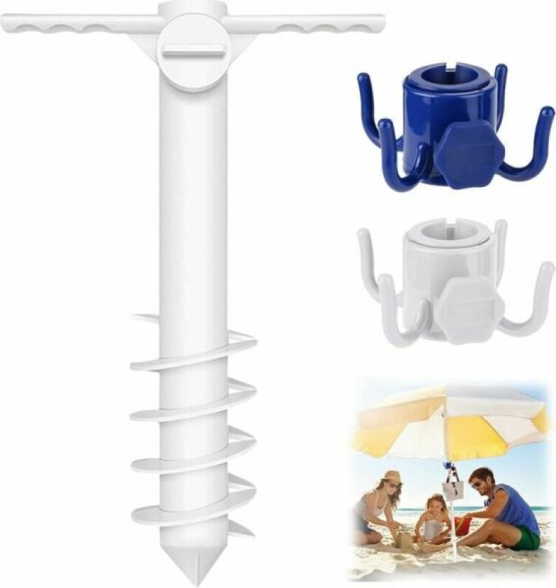 Skru inn parasollstativ for strand, med to kroker, parasollfot, spiral parasollholder, for hagebalkong, strand, for stang 20-35 mm (hvit)