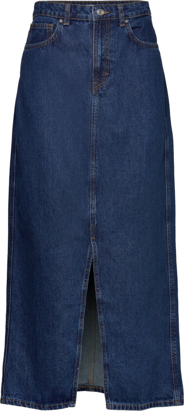 Slit Denim Skirt Langt Skjørt Blue Mango