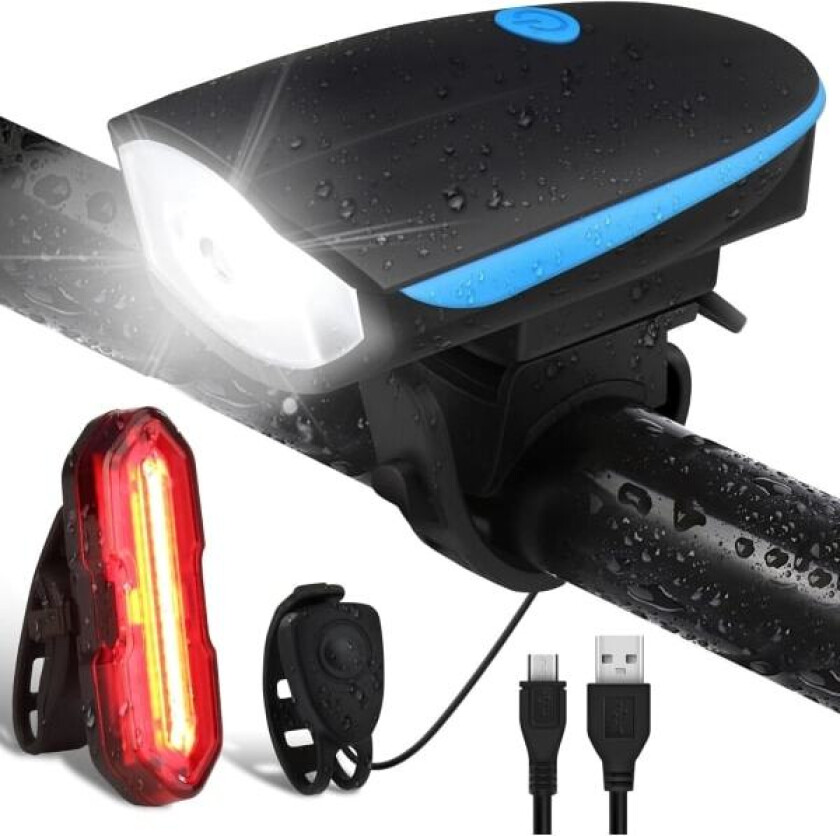 For- og baklykt for sykkel med summer, kraftig LED-sykkellykt, ZQKLA