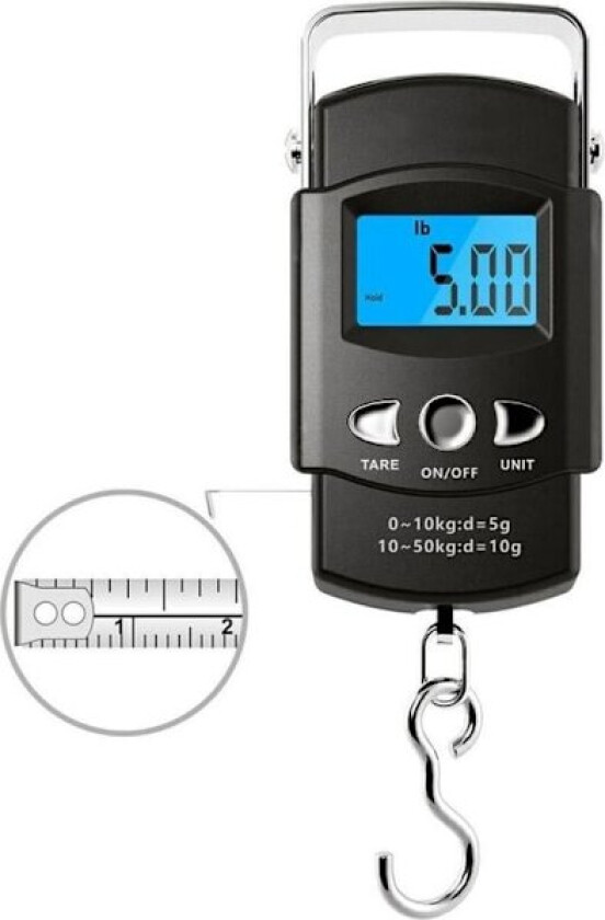 Fiskevåg (50 kg) Bærbar bagasjevekt elektronisk krok med LCD-skjerm og målebånd.