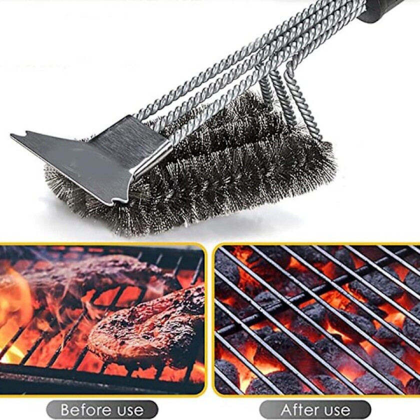 Skrape Trehodet Grill Mesh Rengjøringsbørste BBQ Grillverktøy Rustfritt Stål Sterk Dekontaminering Grillbørste GAO240703(Fri Størrelse,Hvit)