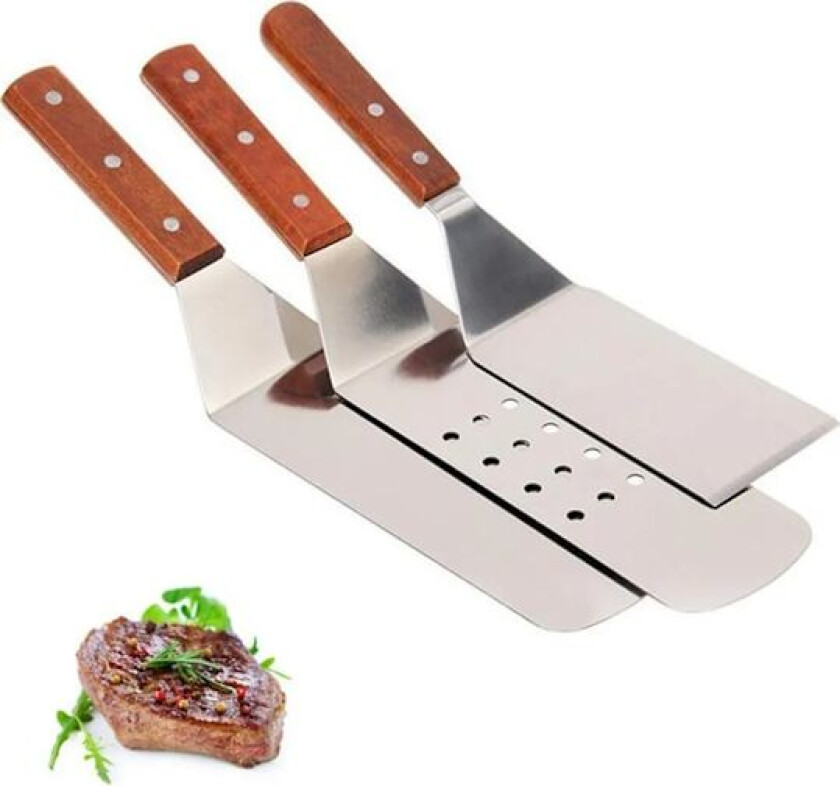 3 stk rustfritt stål pizzaskuffe løfter kutter grillvender stekespade matlagingsverktøy med trehåndtak for Teppanyaki-grill og grillpanne
