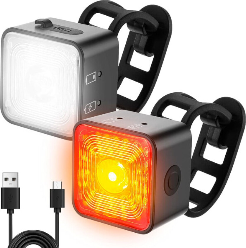 Front- og baklykt for sykkel, LED-sykkellykt, bremsevarsling, USB-oppladbar vanntett LED-sykkellykt