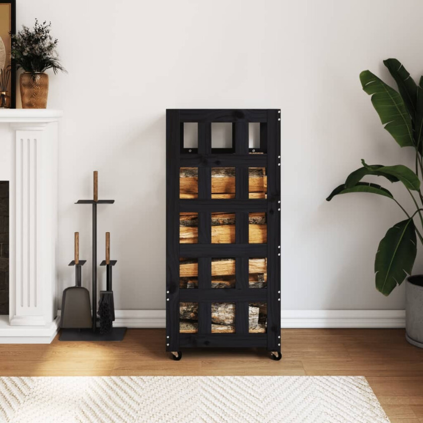 Vedstativ med hjul svart 40x49x110 cm heltre furu