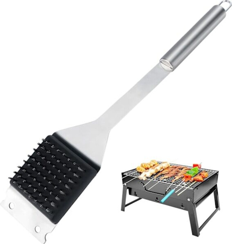1 stk Grillbørste i rustfritt stål, grillbørste og skrape med luksuriøst håndtak, grillrengjøringsbørste for BBQ-grill, gass