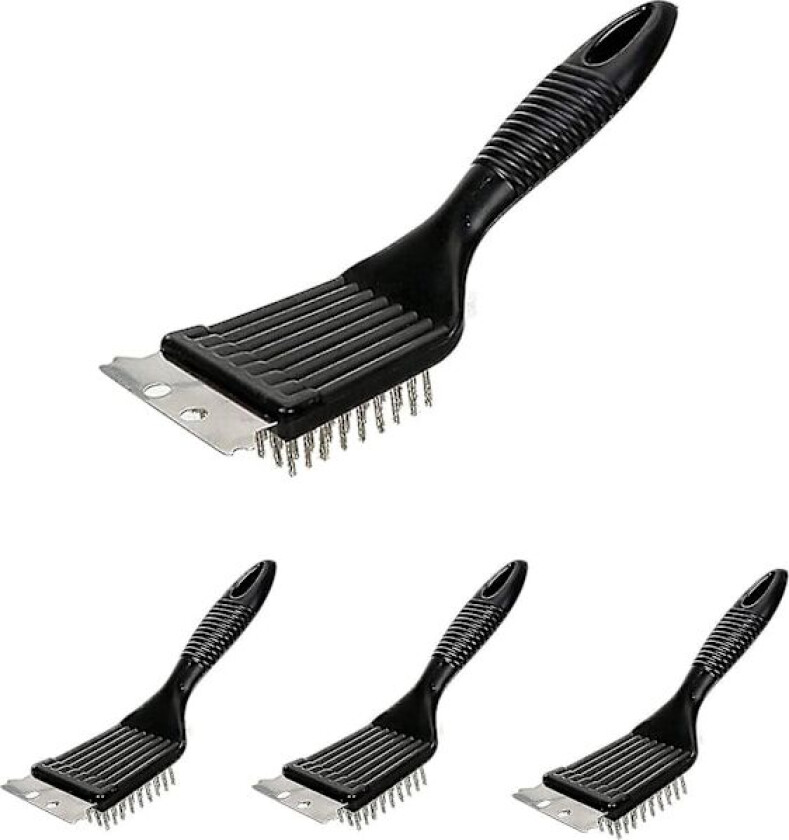 Grillbørste, 4 stk grillbørste for grillrengjøring med svart grillbørste med rustfritt stålspatel