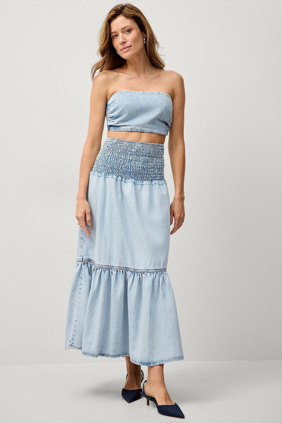 Maxi skjørt Smock Flounce Denim Skirt - Blå