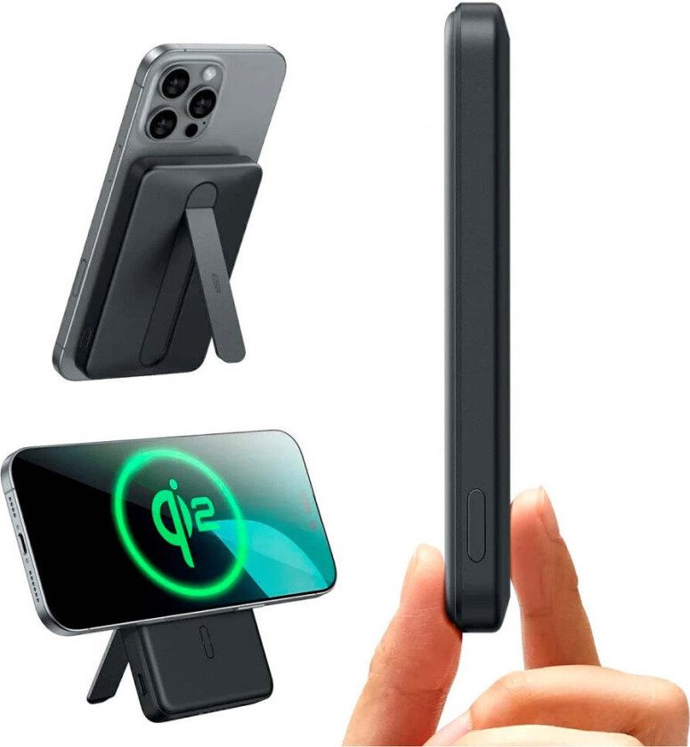 Qi2 MagSlim PowerBank m. Kickstand - 15W / 5000 mAh - MagSafe Kompatibel - Svart