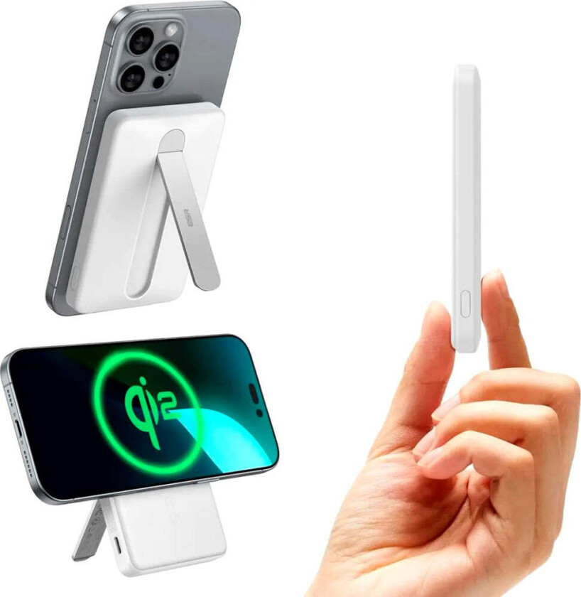 Qi2 MagSlim PowerBank m. Kickstand - 15W / 5000 mAh - MagSafe Kompatibel - Hvit