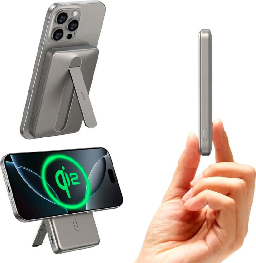 Qi2 MagSlim PowerBank m. Kickstand - 15W / 5000 mAh - MagSafe Kompatibel - Titanium
