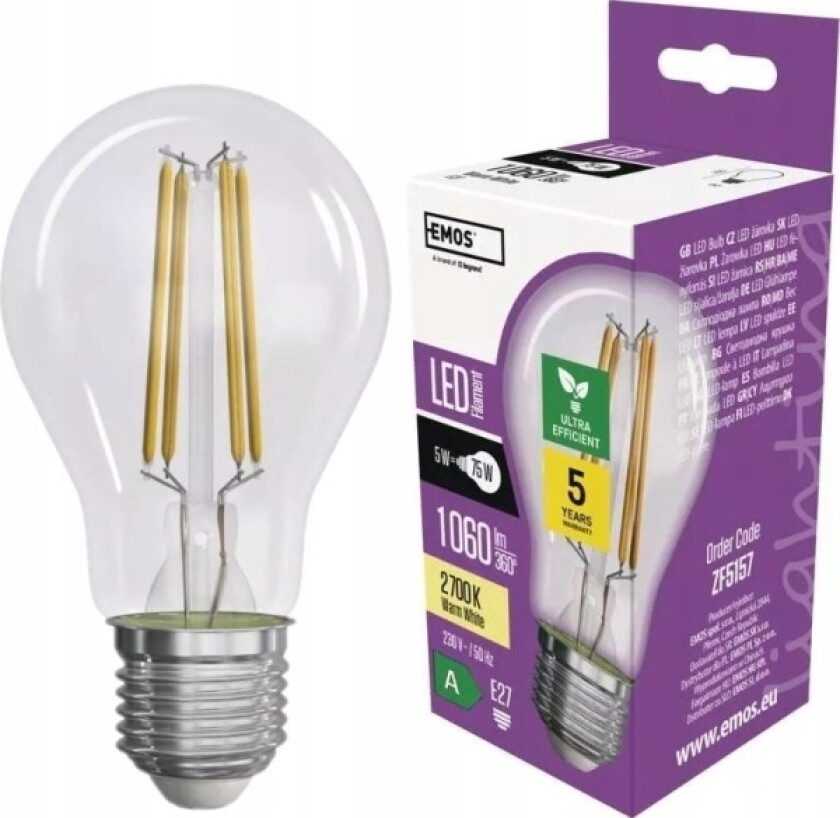 Emos Led-Pære Emos Filament Zf5157 5W E27 A60 2700K Gjennomsiktig Varm