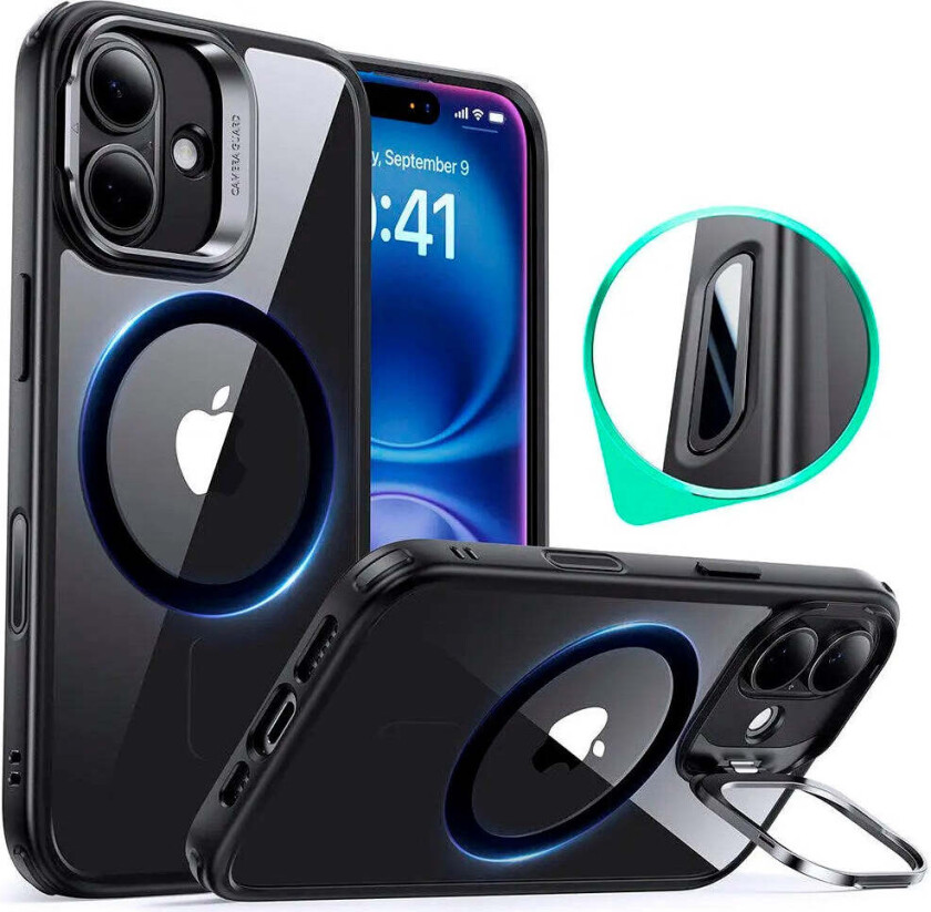 iPhone 16 Classic Hybrid Deksel m. Kickstand - MagSafe Kompatibel - Gjennomsiktig / Svart